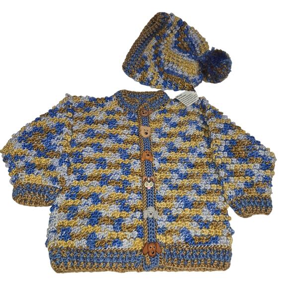 Hand Crochet Baby Sweater & Hat Set 9-12 Month Dog Buttons Poodle Hound Blue New - Picture 1 of 13